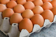Close-up raw chicken eggs in egg box on fabric background