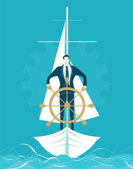 Wall Mural - Businessmen on the boat holding the steering wheel. Winning and leading concept