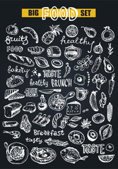 Wall Mural - Hand drawn doodle food illustration. Big set Healthy food