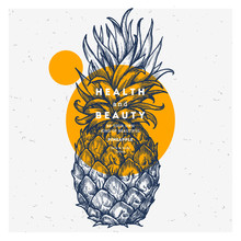 Fresh Pineapple Design Template. Botanical Fruit. Engraved Pineapple. Vector Illustration