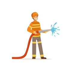 Sticker - Fireman character holding hose extinguishing fire with water, firefighter at work vector illustration