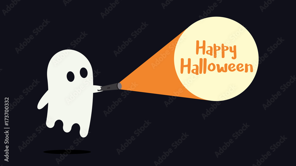 Cute ghost character just found the Happy Halloween message with his flashlight. Vector illustration - obrazy, fototapety, plakaty 
