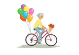 Fototapeta Do pokoju - Senior woman with balloons and flowers on bike on white background. Happy elderly woman celebrating her birthday. Vector illustration.