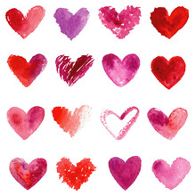 Watercolor Hearts Set. Red, Purple, Violet Watercolor Hearts.