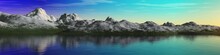 Panorama Of A Mountain Sunset Over The Sea, 3d Rendering