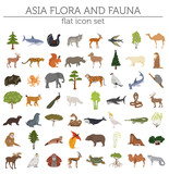 Fototapeta Konie - Flat Asian flora and fauna map constructor elements. Animals, birds and sea life isolated on white big set. Build your own geography infographics collection