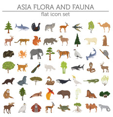 Wall Mural - Flat Asian flora and fauna map constructor elements. Animals, birds and sea life isolated on white big set. Build your own geography infographics collection