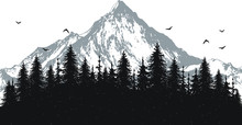 Hand Drawn Vector Nature Illustration With Mountains And Forest On First View. Silhouette Landscape. Using For Travel And Nature Background And Card