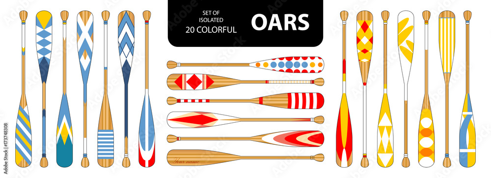 Set of isolated 20 cute colorful oars in red, blue, yellow tone. - obrazy, fototapety, plakaty 