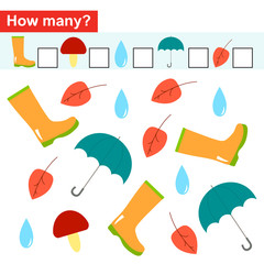 How many objects. Counting game for preschool children. Autumn theme. Vector illustration.