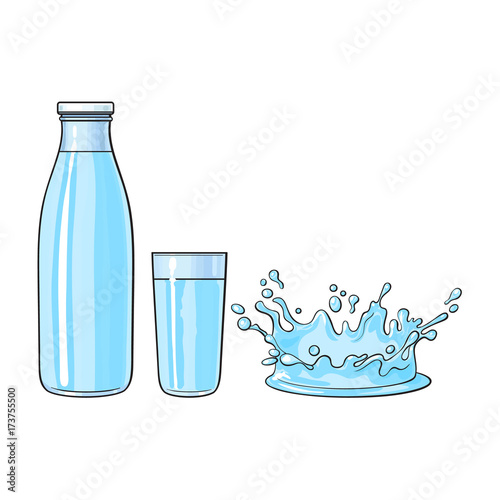 Vector Cartoon Glass Bottle Cup And Splash Drop Of Fresh Cold Water Set Isolated Illustration On A White Background Soft Drink Refreshing Beverage Image Stock Vector Adobe Stock