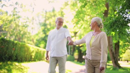 Canvas Print - happy senior couple walking at summer city park