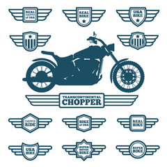 Canvas Print - Sport motorbike silhouette and vintage wing labels. Bikers ride retro winged logos vector set