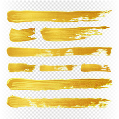 Wall Mural - Gold yellow paint vector textured abstract brushes. Golden hand drawn brush strokes