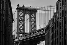 Black And White View Of Manhattan Bridge From Street