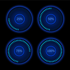 Collection of blue round progress circles. Download sign. Load system