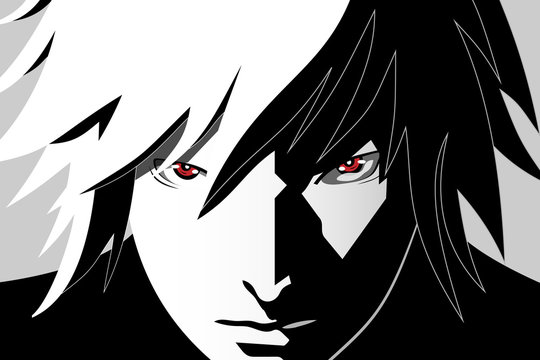 Anime eyes. Red eyes on black and white background. Anime face from cartoon. Vector illustration