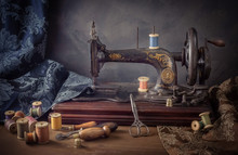 Still Life With A Sewing Machine, Scissors, Threads