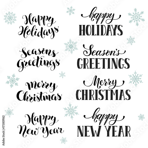 Hand Written New Year Phrases Greeting Card Text With Snowflakes Isolated On White Background Happy Holidays Lettering In Modern Calligraphy Style Merry Christmas And Seasons Greetings Lettering Buy This Stock Vector