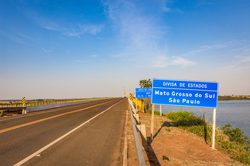 Road sign at border of Sao Paulo and Mato Grosso do sul states