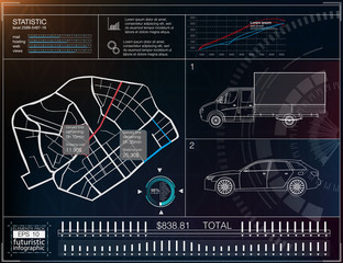 Poster - Cargo transportation infographics, a template application for the delivery of goods. Cargo delivery map. Futuristic information display. Easy color change. The elements that have been clipped.