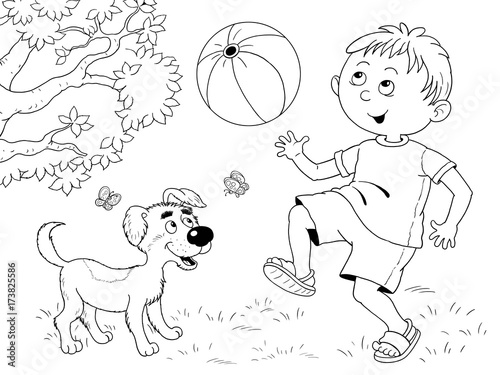 Download Four seasons. Summer. A cute boy playing with his dog. Coloring page - Buy this stock ...