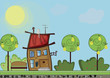 Horizontal Vector illustration with cute house, sun, cat on the roof, bench, bushes and trees in summer.