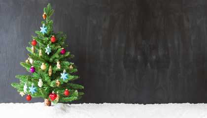 colorful christmas tree, snow, copy space