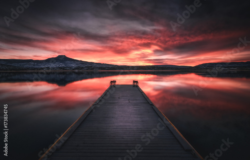 Lake and Dock at Sunset
