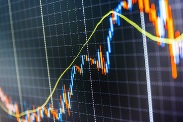 Forex market charts on computer display. Data on live computer screen. Stock market quotes on display. Stock analyzing. Conceptual view of the foreign exchange market. World economics graph. 