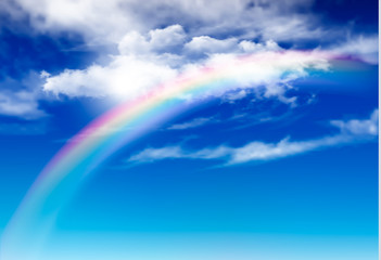 Aufkleber - Vector blue sky panorama with white clouds and rainbow. Vector background.