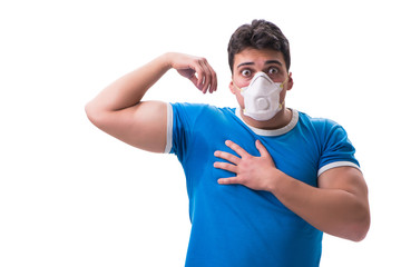 Man sweating excessively smelling bad isolated on white backgrou