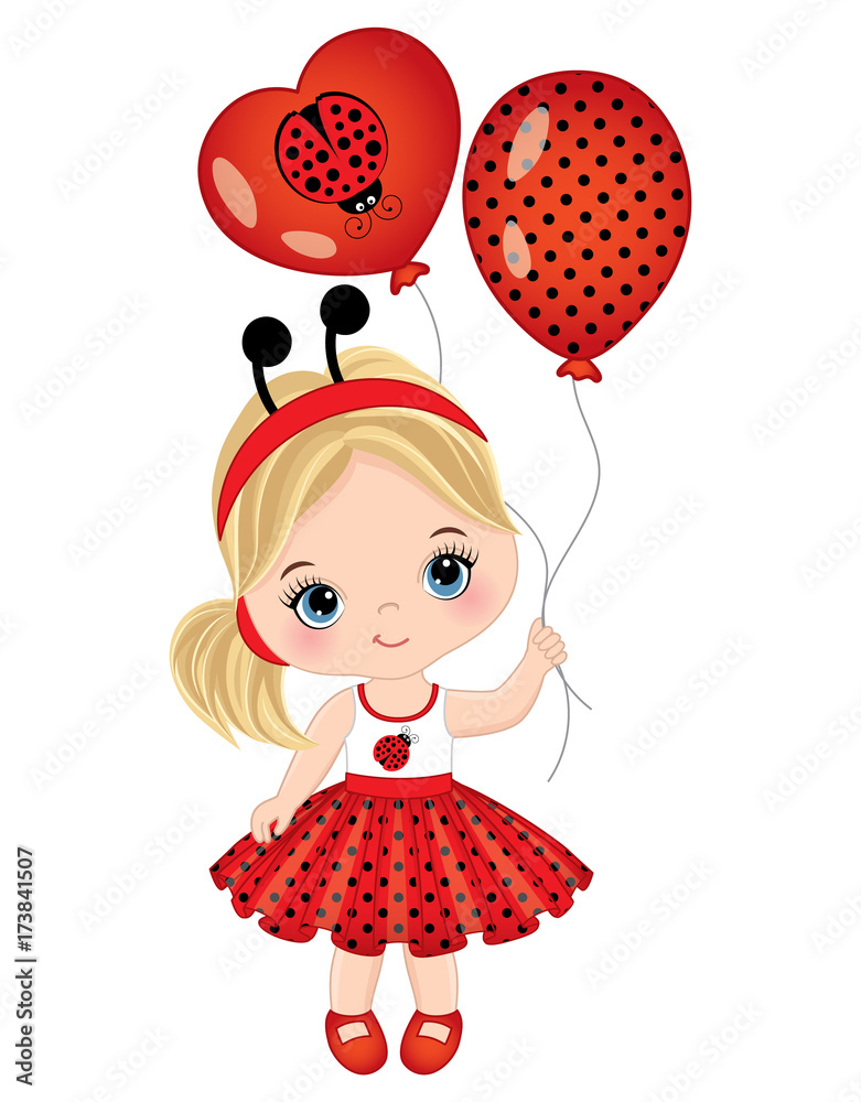 Vector Cute Little Girl with Balloons Stock Vector | Adobe Stock