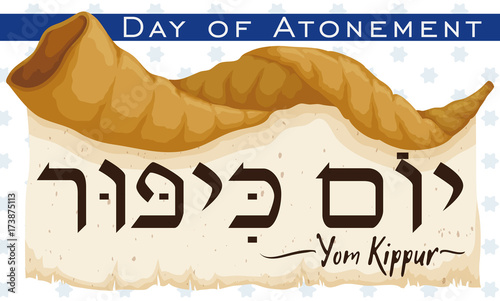 Fotomural Shofar Horn over Scroll Announcing Jewish Yom Kippur, Vector Illustration