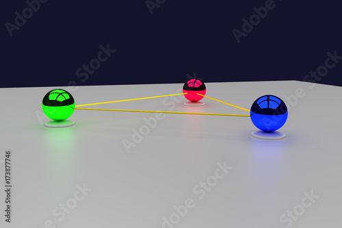 Fotografía 3D-Rendering von drei glänzenden Kugeln, die verbunden sind und kommunizieren