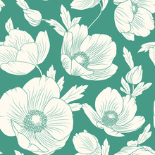 Blooming Hellebore Poppy Flowers Seamless Pattern On Blue Teal Turquoise Background. Winter Christmas Rose. Lenten Rose. Helleborus Niger. Detailed Floral Foliage Drawing. Vector Design Illustration.