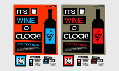 Wall Mural - It's Wine o'clock! (Flat Style Vector Illustration Quote Poster Design)