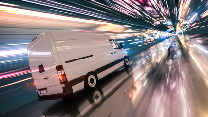 Schneller Transporter bei Nacht in einem Tunnel