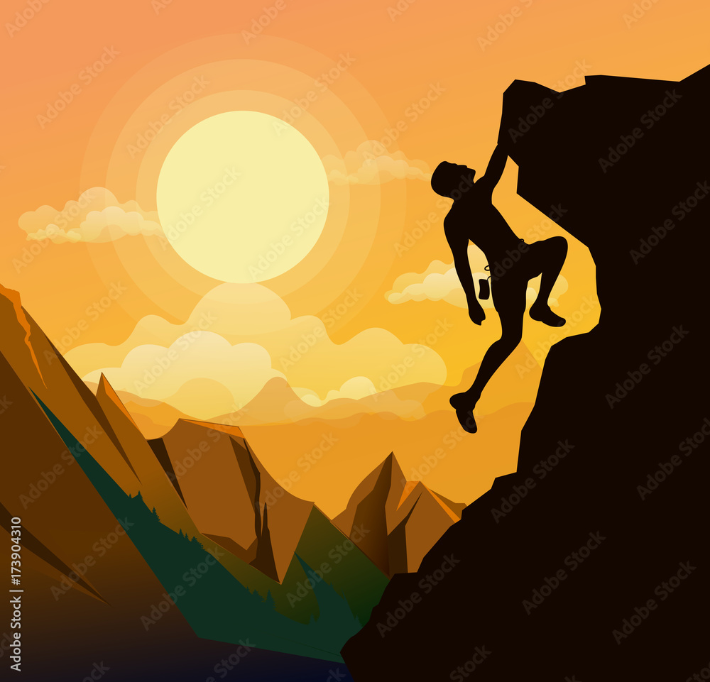 Vector illustration of mountain climbing man on the mountains rock on ...