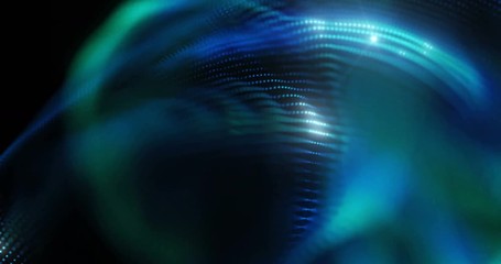 Poster -  4K animated background loop with audio elements. 3D abstract digital wave of glowing particles and wireframe. Technology concept. Abstract background. Interplay of waves, lights, music, sound.