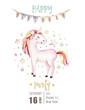 Isolated cute watercolor unicorn invitation card. Nursery unicorns illustration. Princess rainbow unicorns poster. Trendy pink cartoon horse.