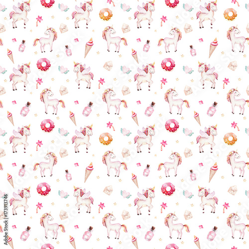 Isolated cute watercolor unicorn pattern. Nursery rainbow unicorns aquarelle. Princess unicornscollection. Trendy pink cartoon horse.