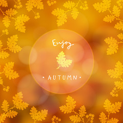 Wall Mural - enjoy autumn, blurred card, fall banner. vector illustration with a floral frame made of oak leaves 