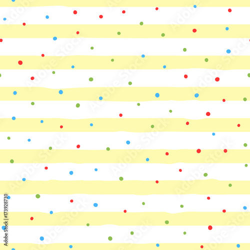 Cotton fabric Irregular polka dots on striped background. Color seamless pattern. White, yellow, red, blue, green colour.