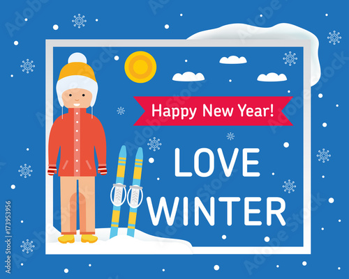 Love Winter Banner Flat Style Illustration Joyful Cute Girl