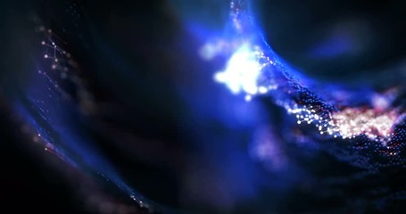 Poster -  4K animated background loop with audio elements. 3D abstract digital wave of glowing particles and wireframe. Technology concept. Abstract background. Interplay of waves, lights, music, sound.