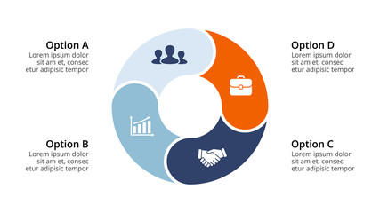 Wall Mural - Vector circle arrows infographic, cycle diagram, geometric graph, presentation chart. Business concept with 4 options, parts, steps, processes. 16x9 slide template.