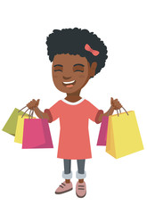 Poster - Happy african girl holding shopping bags. Young smiling girl carrying shopping bags. Cheerful girl standing with a lot of shopping bags. Vector sketch cartoon illustration isolated on white background