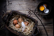Baking or cooking background. Ingredients, eggs for baking cakes. Text space, top view.