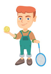 Canvas Print - Little caucasian tennis player holding a tennis racket and a ball. Smiling boy while a tennis racket and a ball. Boy playing tennis. Vector sketch cartoon illustration isolated on white background.